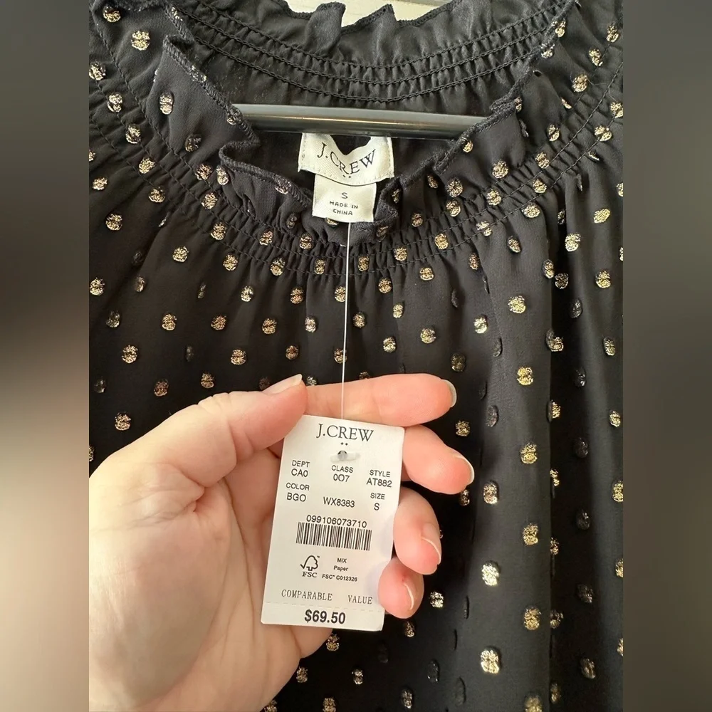 NEW J. Crew Black Gold Metallic Polka Dot Flowy Short Sleeve Baby Doll Blouse S